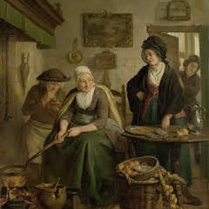 May include: A painting depicting a scene inside a kitchen with three women and a man. The women are wearing traditional clothing and are seated around a table. One woman is stirring a pot on the stove, while another woman is holding a plate of food. The man is standing in the doorway, looking at the women. The painting is set in a rustic setting, with a fireplace and a wooden table.
