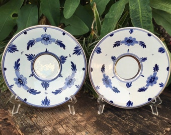 TWO DELFT SAUCERS 2 Delfts Blauw and White Platinum Rim Schotelje Floral Plates Dish by Velsen Netherlands