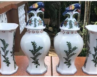 Makkum Tichelaar Four Vase Garniture Delft Polychrome 仏桑花 Red