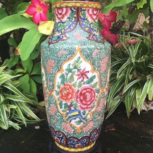 Rare Large Andrew Duquenelle Klam Vase Chinois Arabesque Faience Jar 花王 Kaou Pioen Peony Blossoms Vaas Floral Clamecy France *Free SH