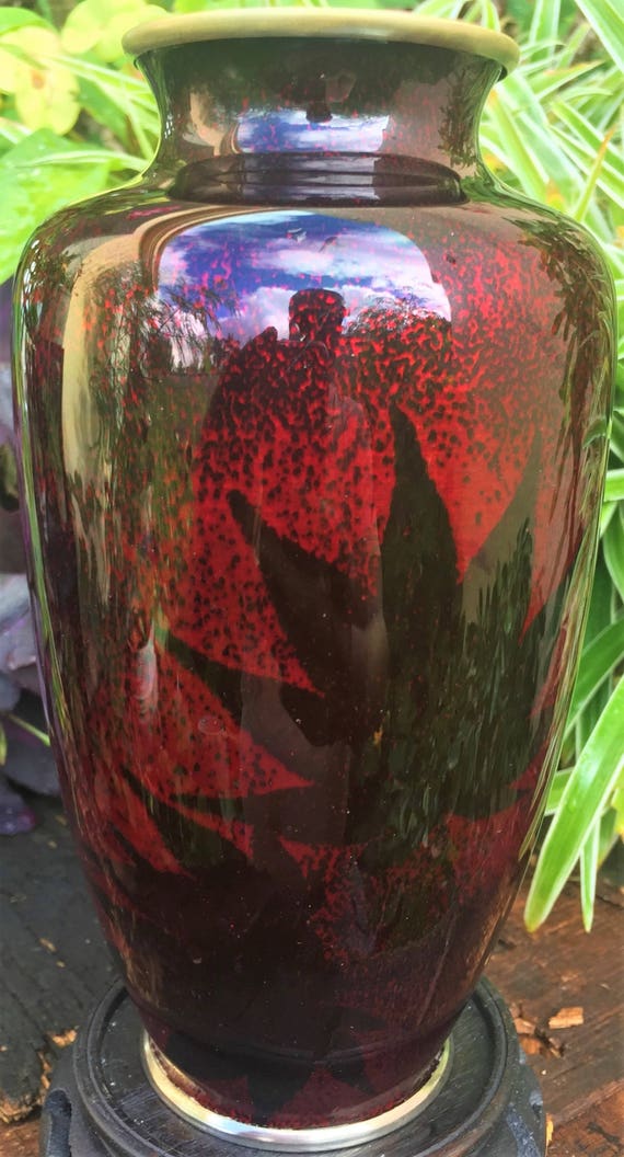 TWO 佐藤七宝 Sato Shippo Cloisonne Vases Pair Floral 紅薔薇 Red