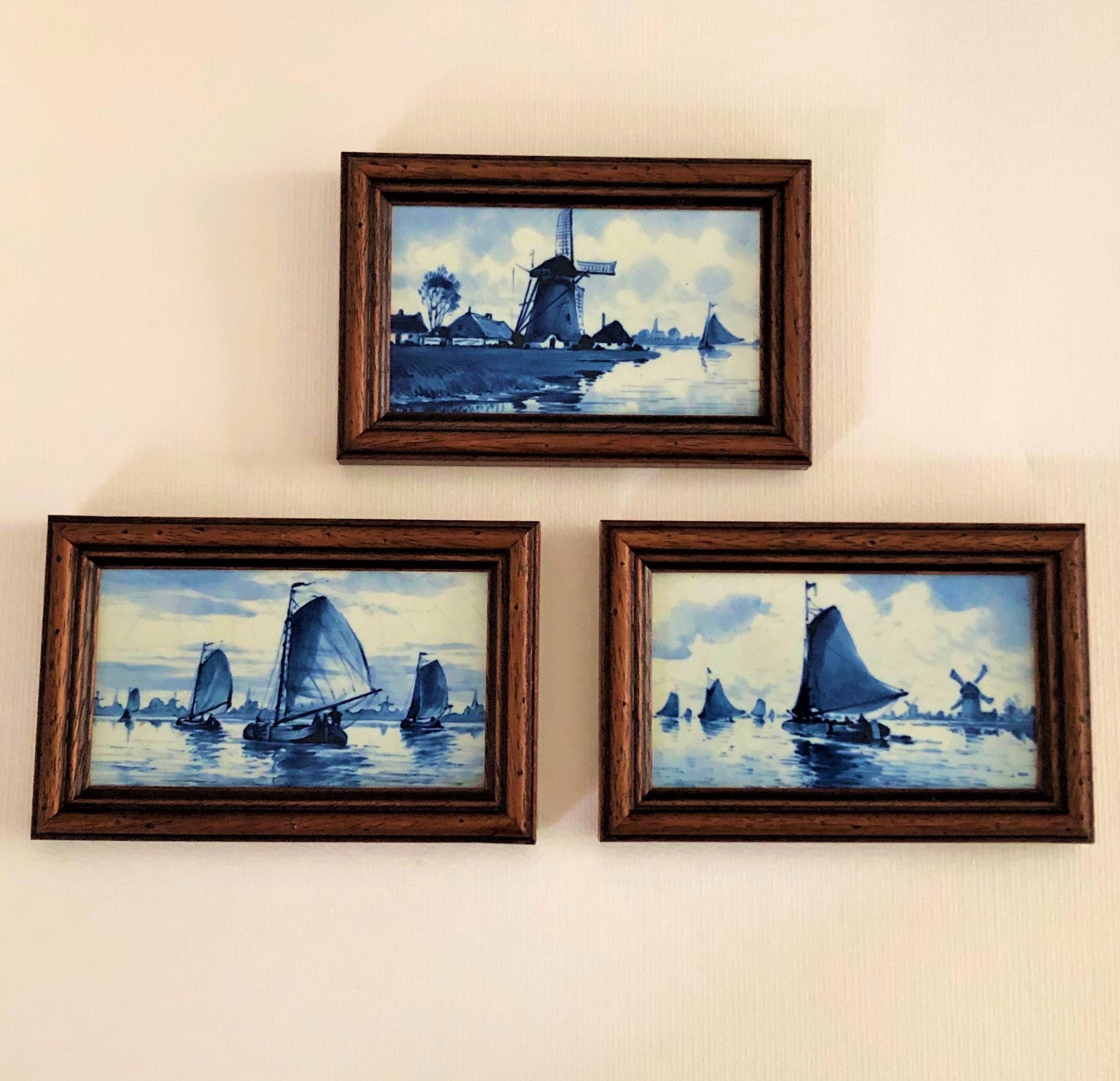 1903 THREE Royal Delft Blue Tile Tableau Framed Delfts Blauw Molen