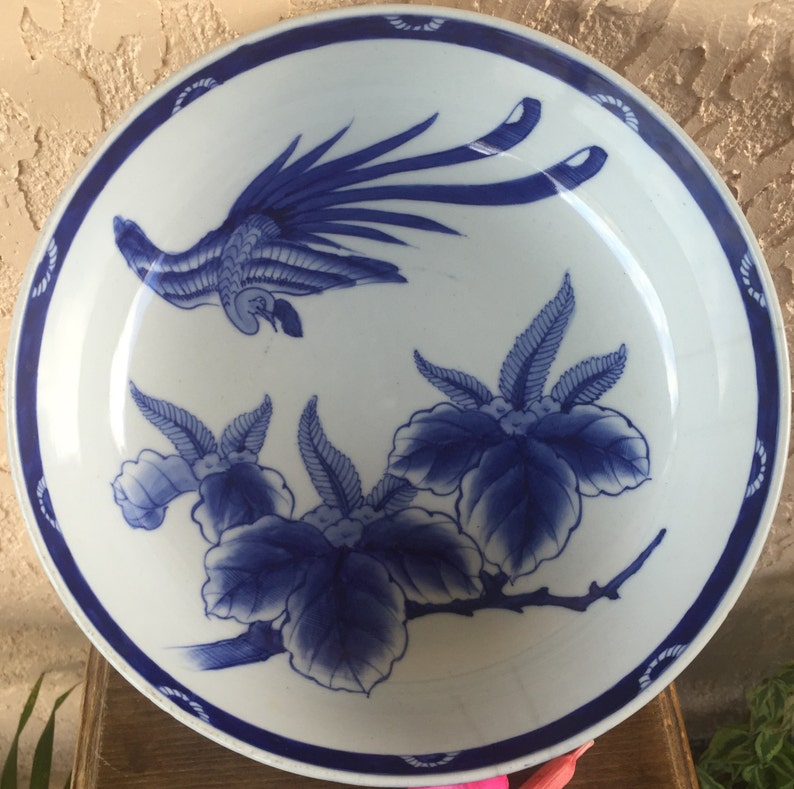 Ko-Imari Punch Bowl Large Sometsuke 鳳凰 Phoenix Bird & 桐 Kiri Paulownia Princess Tree Blossoms Porcelain Dish Edo Meiji Arita Japan *Free SH image 2