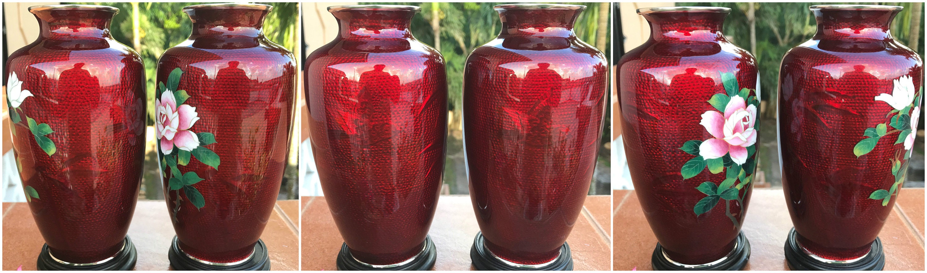 TWO 佐藤七宝 Sato Shippo Cloisonne Vases Pair Floral 紅薔薇 Red