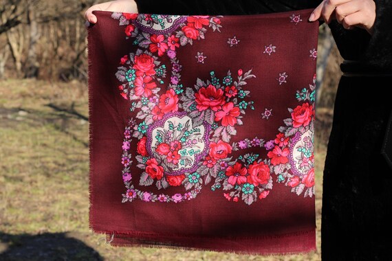 Vintage Dark Red shawl Wedding shawl Wool scarf R… - image 3