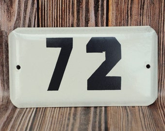 Vintage door number sign 72 Antique sign street Apartment address White enameled sign Outdoor house plaque  Adress sign  Enamel Metal sign