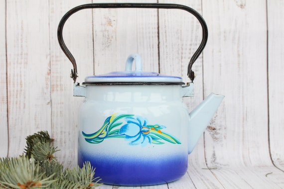 Vintage light blue enamel teapot Retro metal teapot Teapot with flowers Enamelware Soviet Rustic teapot Gift for women Enamelled Steel