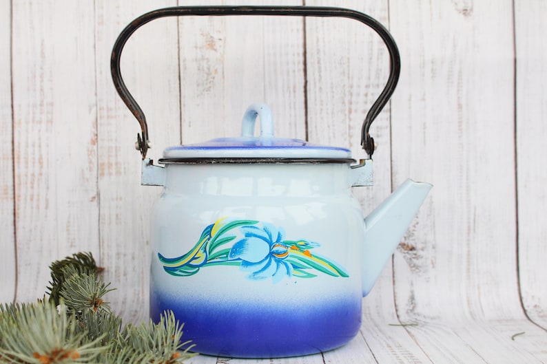 Op de afbeelding: Een blauwe en witte emaille theepot met een bloemenmotief. De theepot heeft een zwart metalen handvat en een blauwe deksel.