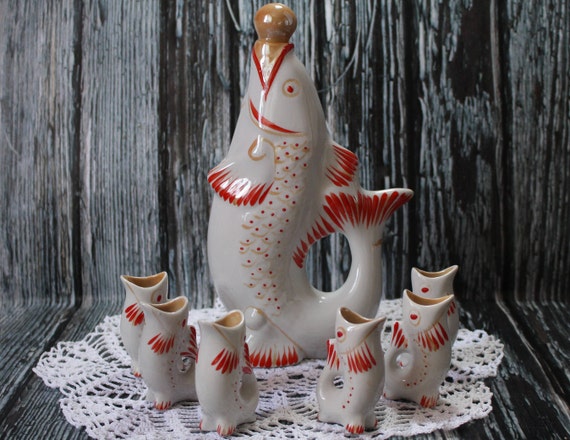 Soviet drinking set Ceramic figure Shot Porcelain Vintage decanter Shot Glass Soviet Fish Family Vintage Vodka Carafe Silver drinking set