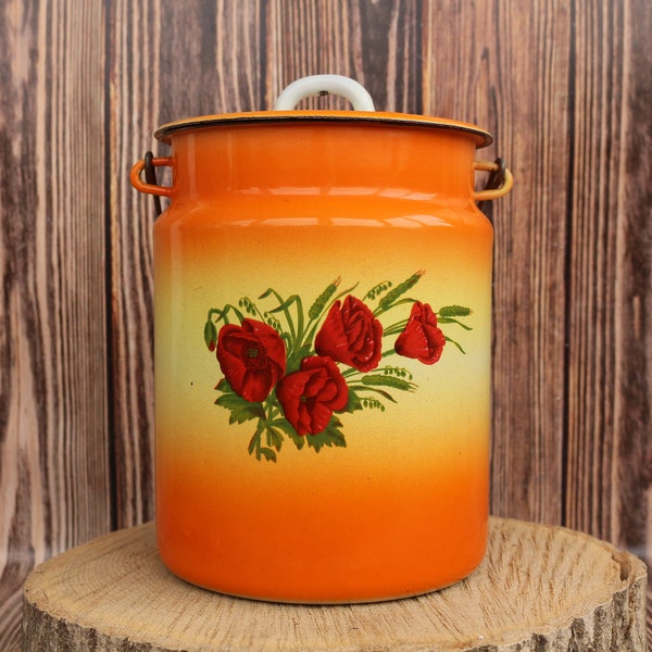 Floral Enamel Milk Can Vintage Milk Can Soviet Kitchen Enamel Flower Orange Milk Can Collectibles Soviet Retro Soviet Enamel Jar with Lid