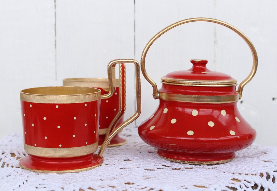 Vintage Metal Tea Set Red Polka Dot Sugar Bowl and 2 Coasters Soviet