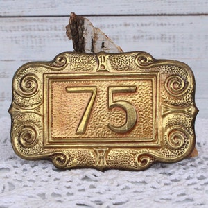 Vintage Address sign License Brass plate 75 Apartment number Numbered alloy Rectangular plate Retro style Hotel room number Old hotel door