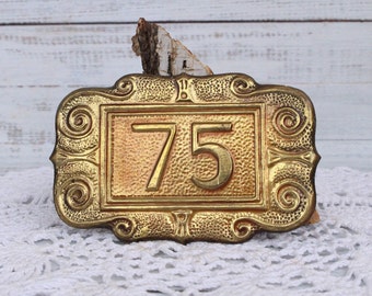 Vintage Address sign License Brass plate 75 Apartment number Numbered alloy Rectangular plate Retro style Hotel room number Old hotel door