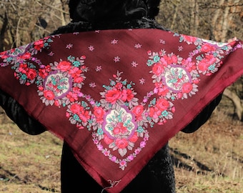 Vintage Dark Red shawl Wedding shawl Wool scarf Russian shawl Russian folk scarf Floral head scarf Rustic Boho shawl Ukrainian folk style