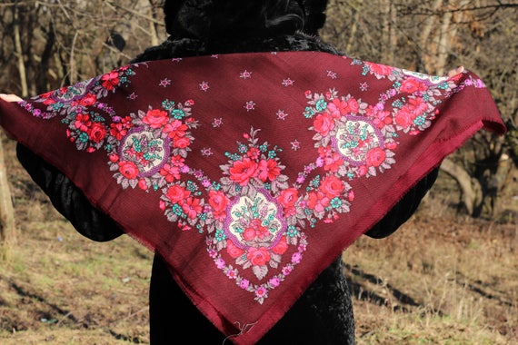 Vintage Dark Red shawl Wedding shawl Wool scarf R… - image 1