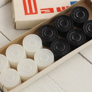 Vintage checkers set Russian Black White Checkers Retro draughts Plastic Not used checkers Russian draughts Checkers Travel game Travel