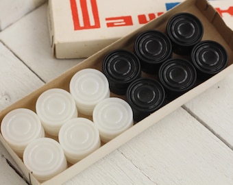 Vintage checkers set Russian Black White Checkers Retro draughts Plastic Not used checkers Russian draughts Checkers Travel game Travel