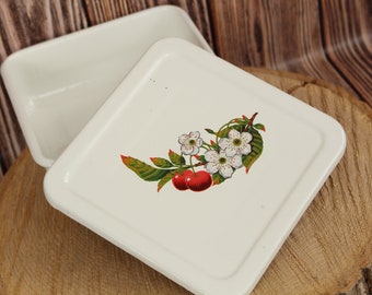 Vintage sovjet metalen doos Wit emaille kom Voedselopslag Keukenopslag Emaille oude container met deksel Voedselopslag Emaille fruitpot