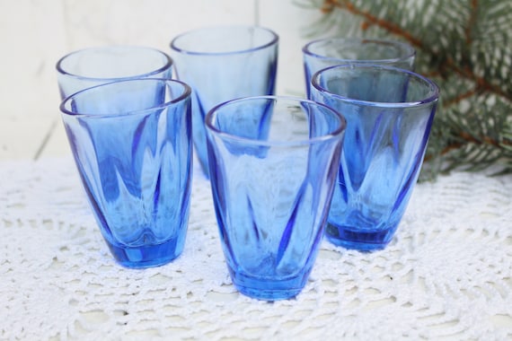 Set of 6 Vintage Blue Drinking Glasses Russian Glasses Old Bar Glasses Blue  Shot Glasses Antique Table Glass Glasses Vodka Old Small Shot 