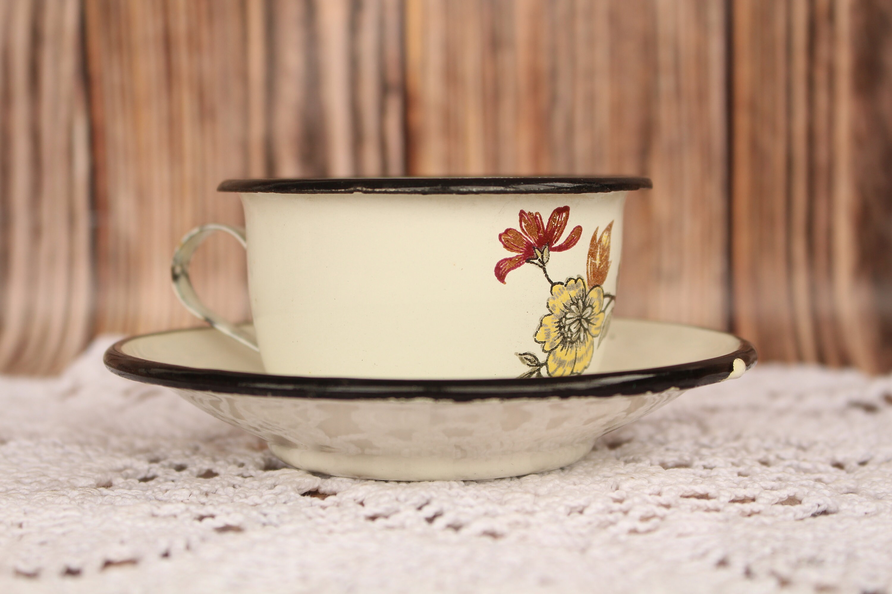 Antique White Enamel Mug with Saucer Enamel Tea Cup Coffee Mug Etsy