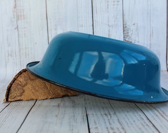Vintage White Enamel Bowl with Blue Top Enamel Cookware Camping Bowl Rustic Tableware Primitive Tableware Enamel Plate Blue enamel bowl