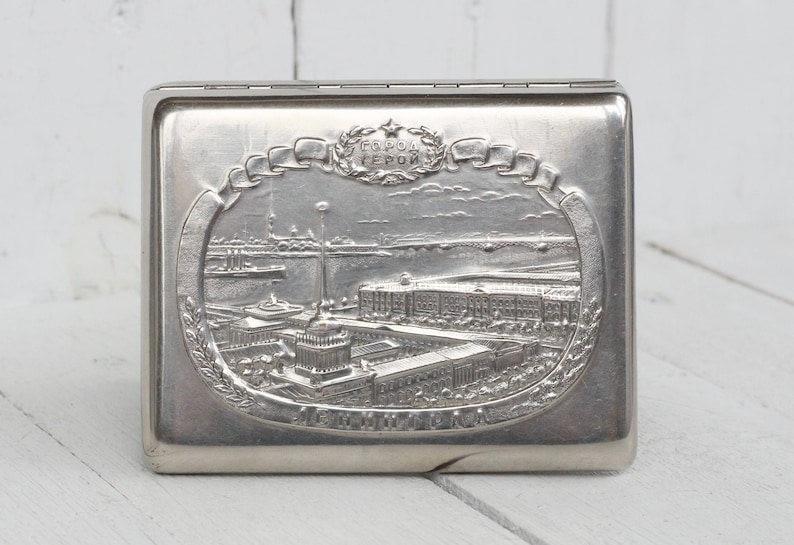 Vintage Soviet Cigarette Case LENINGRAD Old Cigarette holder Business Card holder Antique Russian Cigarette box Silver tone case box image 1