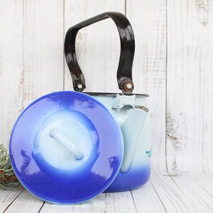 Op de afbeelding: Een blauwe en witte emaille theepot met een zwart handvat en een blauwe deksel. De theepot heeft een witte achtergrond met een blauw verloopontwerp en een bloemenpatroon.
