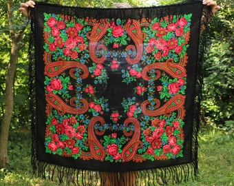 Vintage Black floral shaw Ukrainian shawl Boho hippie scarf Black handkerchief Russian wool shawl Gift For her Black shawl Women shawl