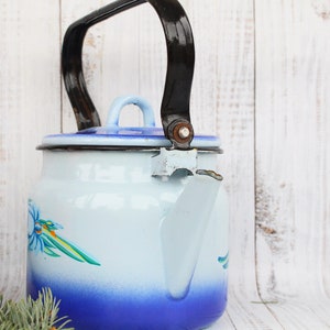 Op de afbeelding: Een blauwe en witte emaille theepot met een zwart handvat. De theepot heeft een bloemenpatroon aan de zijkant.