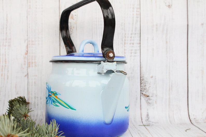 Op de afbeelding: Een blauwe en witte emaille theepot met een zwart handvat. De theepot heeft een bloemenpatroon aan de zijkant.
