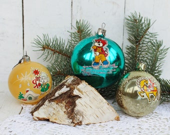 Set of 3 Soviet glass balls with a pattern Christmas toy Christmas decoration Antique Christmas toy Christmas gift Ornament New year gift