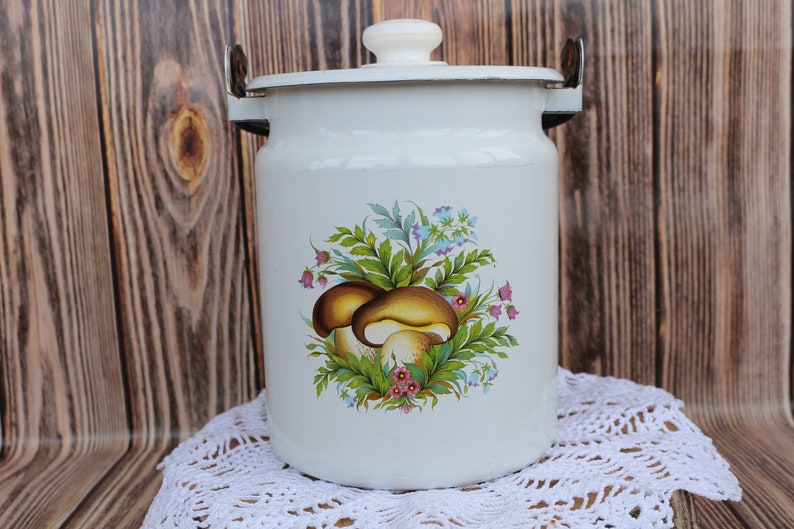 Vintage White Enamel Jar Retro Metal Jar White Jar Enamel Ware Flower Jar Rustic Jar Farmhouse Jar Rare Jar Liquid Container Rustic Style image 1