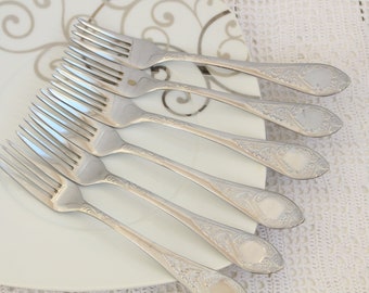 Vintage table fork set of 6 Silver plated Embossed flatware Dinner forks Shabby chic Table decor Ornate serving Food photo Stamping blanks