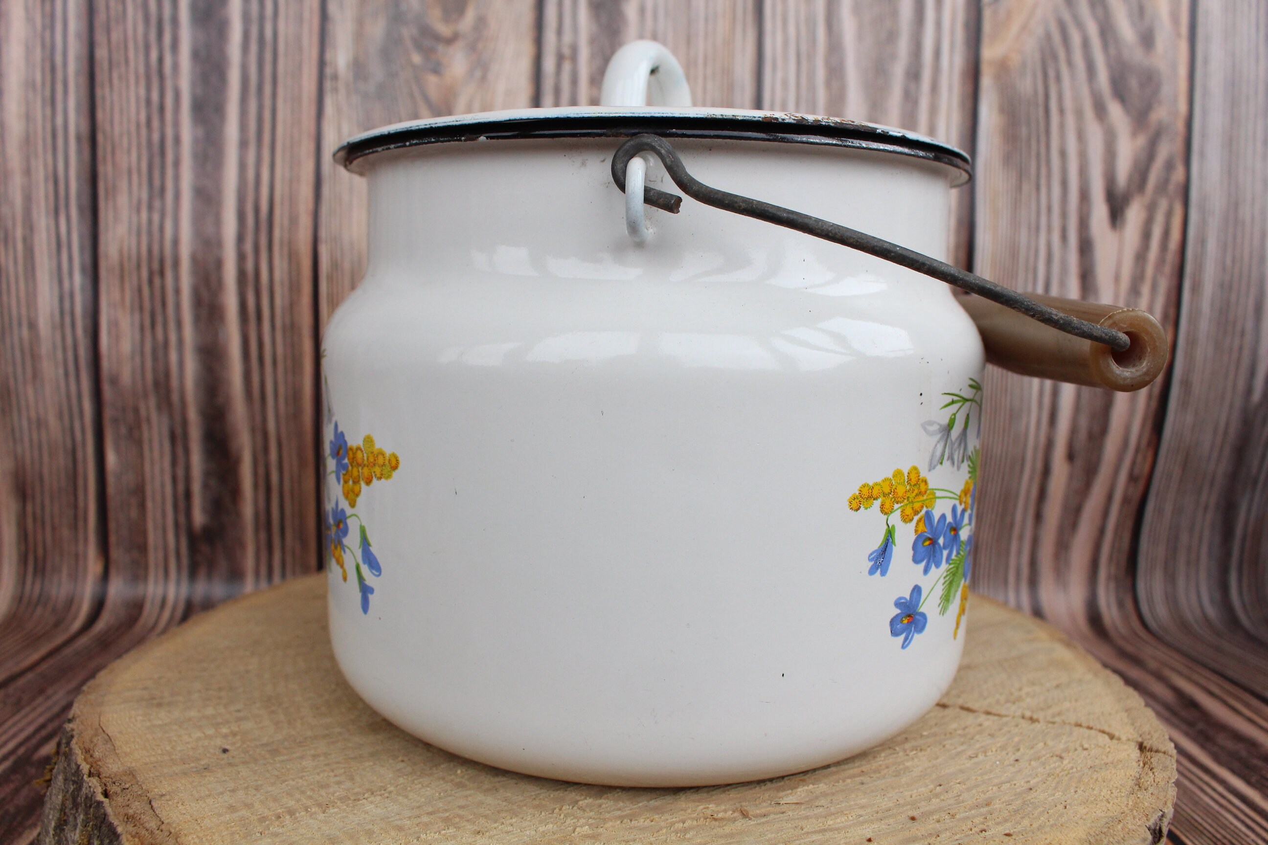 enamel milk jar white×blue White Enameled Tin Milk Jug With Blue Lines, Small French Shabby