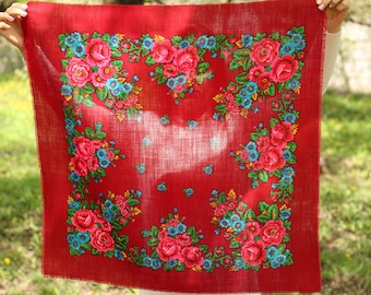 Russian shawl floral scarf Ukraine scarves Wool scarf Red Shawl wool Vintage floral shawl Wool floral scarf Red kerchief Gift for her scarf