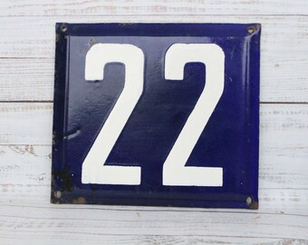 Vintage Door Number 22 Enameled Sign Enamel House Number Enamel Metal Plate Street Sign White Metal Plate Apartment address Adress sign