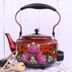 Hand-painted vintage electric teapot Rare teapot Petrikov painting Khokhloma Antique teapot Retro style metal teapot Family tea drinking