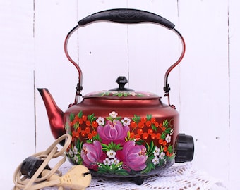 Hand-painted vintage electric teapot Rare teapot Petrikov painting Khokhloma Antique teapot Retro style metal teapot Family tea drinking