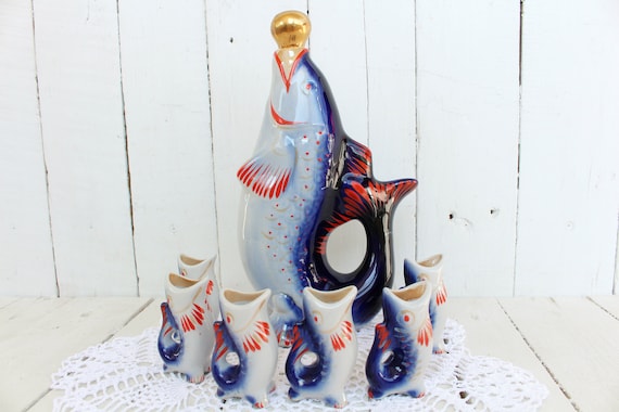 Vintage drinking set Drinking soviet set Whiskey glass Ceramic figure Shot Glasses soviet Set of Decanter Soviet vodka carafe Soviet vodka