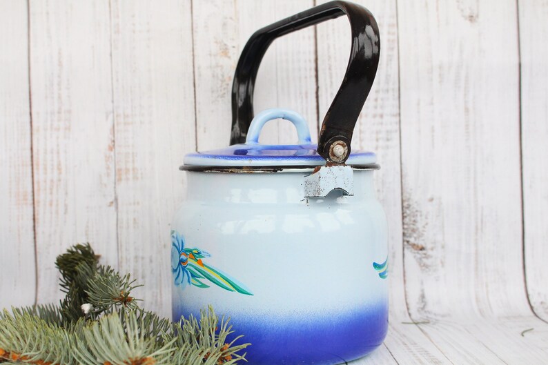 Op de afbeelding: Een blauwe en witte emaille theepot met een zwart handvat en een bloemenontwerp. De theepot staat op een wit houten oppervlak.