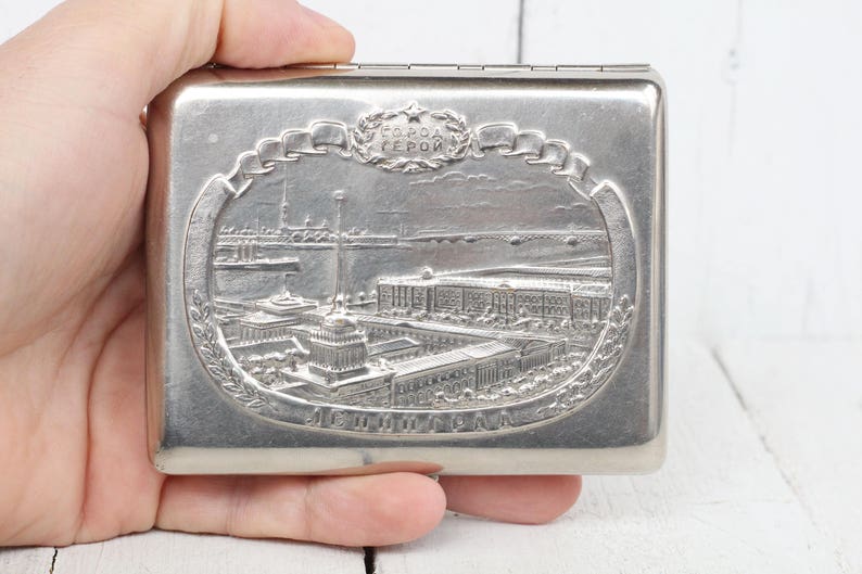 Vintage Soviet Cigarette Case LENINGRAD Old Cigarette holder Business Card holder Antique Russian Cigarette box Silver tone case box image 4