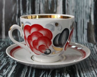 Set of russian tea cups and saucer Flower tea set Russian tea cups White Coffee Cup Porcelain set Ukrainian Ornament Retro Tableware