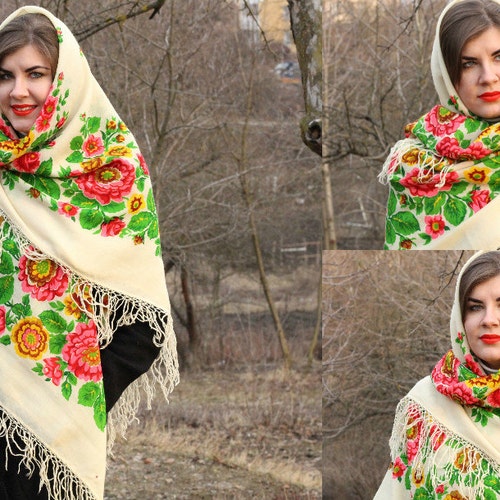 Vintage white shawl Retro scarf order shawl Ukrainian scarf Russian scarf Floral head scarf Ethnic ukraine rare Russian Vintage Russian Babushka