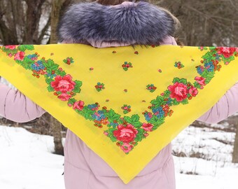 Gele sjaal Wollen sjaal Sovjet-Russische sjaal sjaal Wol Bloemen Sjaal Boho folk hippie Cadeau voor haar Bloemen Sovjet-sjaal Zeldzame wollen sjaal
