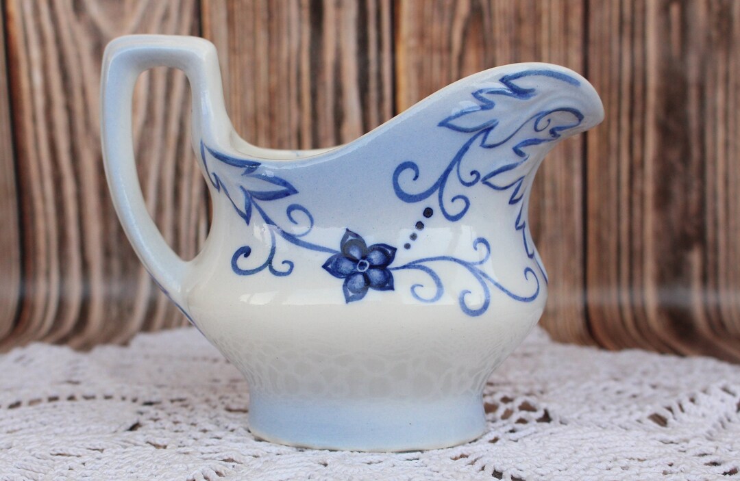 Vintage White Milk Jug Ceramic Milk Creamer Antique Milk Pourer Blue