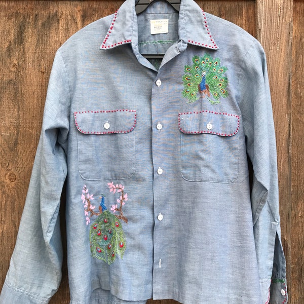 SALE! Hand embroidered peacock chambray denim button down shirt large xl