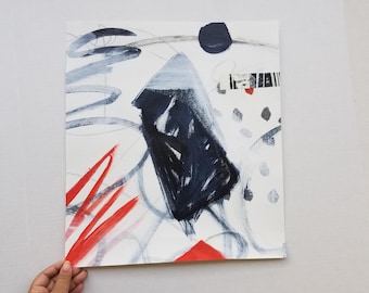 Original Mixed Media Painting on Paper | Blue and Red Abstract Collage (15x17")