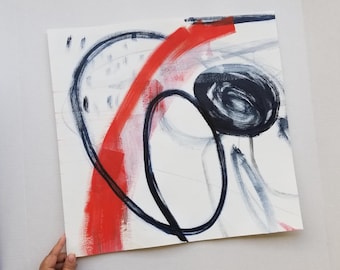 Original Mixed Media Painting on Paper | Red Blue Abstract Collage Art 18x18