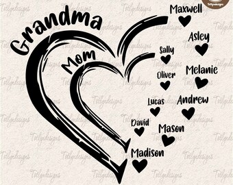 CUSTOM Grandma/Mom Kid Name Mama Heart Png, Personalized Kid Name/ Grandkids Name Png, Christmas Custom Png, Digital Download