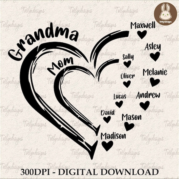 CUSTOM Grandma/Mom Kid Name Mama Heart Png, Personalized Kid Name/ Grandkids Name Png, Christmas Custom Png, Digital Download